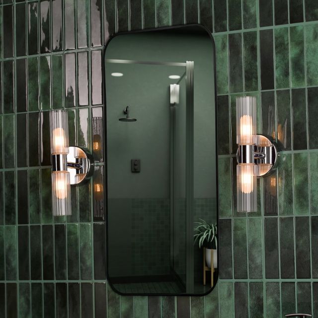 Dar Lighting Bolton 2 Light Bathroom Wall Light In Polished Chrome With Ribbed Glass IP44