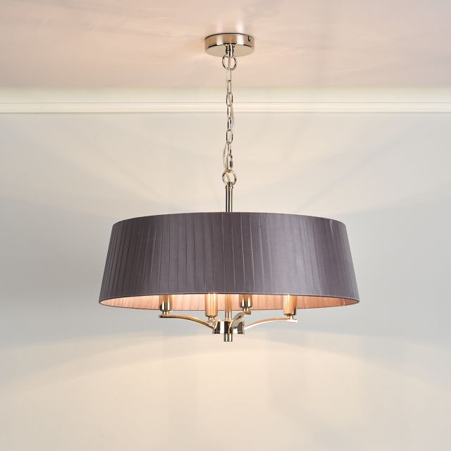 Dar Lighting Cristin 4 Light Ceiling Pendant Light In Polished Nickel Finish With Grey Faux Silk Shade