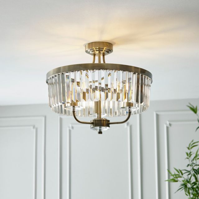 Classic 3 Light Semi Flush Ceiling Light In Antique Brass Finish With Clear Cut Glass