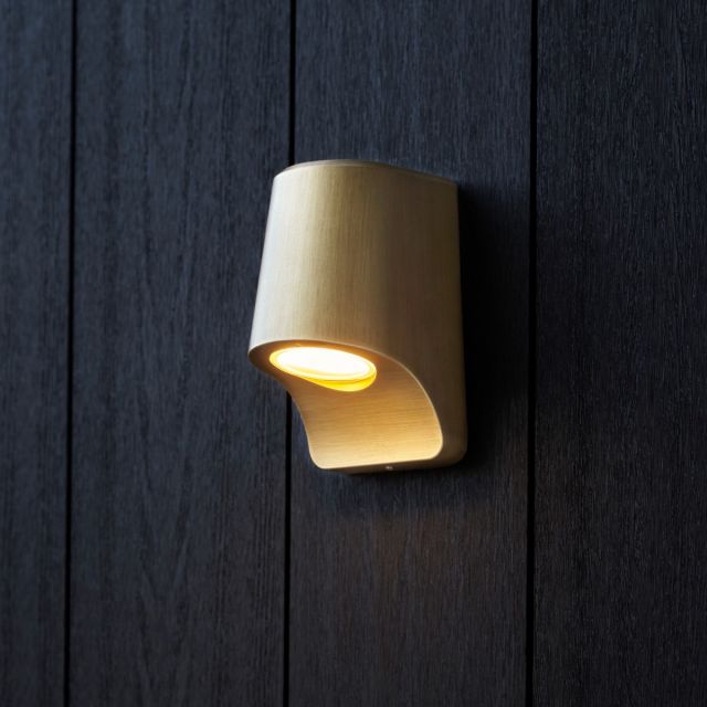 Unique Outdoor LED Wall Light In Brushed Gold Finish With Frosted Glass Diffuser IP44