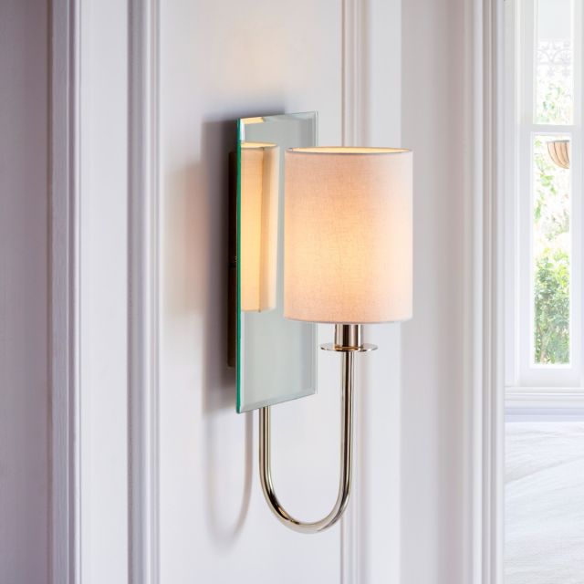 Amy Wall Light In Bright Nickel With Reflective Mirror And Vintage White Shade