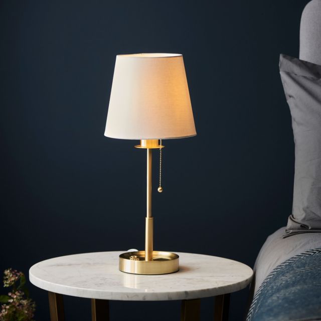 Classic 2 Light Table Lamp In Satin Brass With Vintage White Fabric Shade