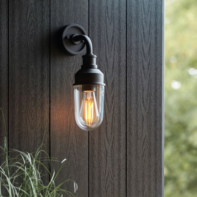 Industrial Outdoor Wall Light In Matt Black Finish With Clear Glass Shade IP44