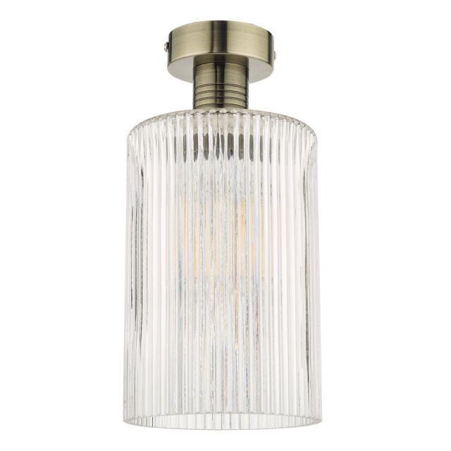 Dar Lighting Emerson Semi Flush Ceiling Light In Antique Brass With Cylinder Ribbed Glass EME4875-E01
