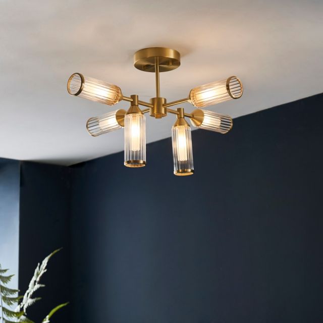 Pillar 6 Light Semi Flush Ceiling Light In Satin Brass With Clear Ribbed And Frosted Glass