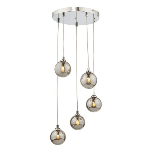 Dar Lighting Federico 5 Light Cluster Ceiling Pendant Light In Polished Chrome With Smoked Glass