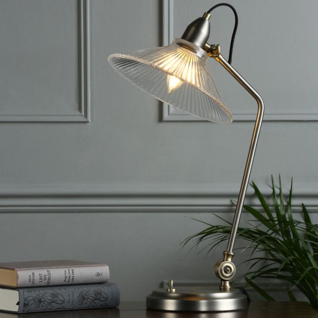 Laura Ashley Hanbury Task Lamp In Brushed Pewter Finish With Textured Glass Shade