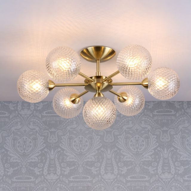 Laura Ashley Atherton 7 Light Semi Flush Ceiling Light In Satin Brass With Glass Shades