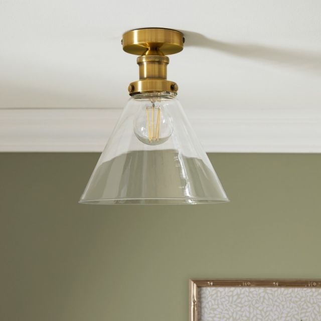 Laura Ashley Isaac Semi Flush Ceiling Light In Antique Brass With Glass Shade LA3756386-Q