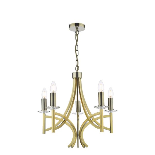 Dar Lighting Lyon 5 Light Ceiling Pendant Light In Antique Brass Finish With Crystal Glass Detail