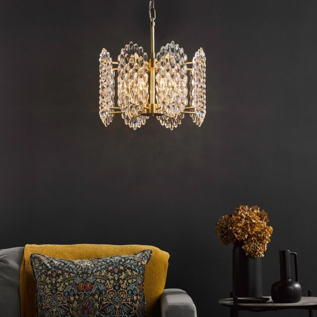 Dar Gold Lighting Porthos 8 Light Ceiling Pendant Light In Antique Brass Finish With Textured Glass