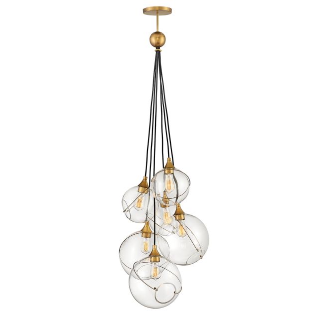 Quintiesse QN-SKYE-6P Skye 6 Light Cluster Ceiling Pendant Light In Heritage Brass Finish With Clear Glass