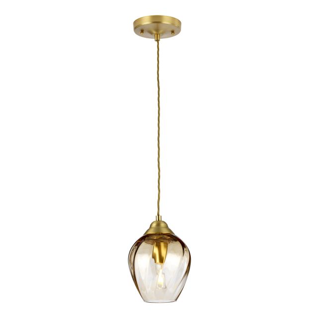 Elstead TIBER-P-AMBER Tiber 1 Light Ceiling Pendant In Brushed Brass Finish With Amber Glass 