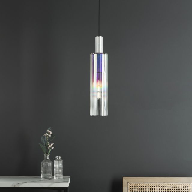 Dar Lighting Ruben Single Ceiling Pendant Light In Satin Silver With Ribbed Iridised Glass RUB0132