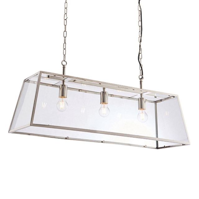 3 Light Linear Ceiling Lantern Pendant In Bright Nickel Plate And Clear Glass