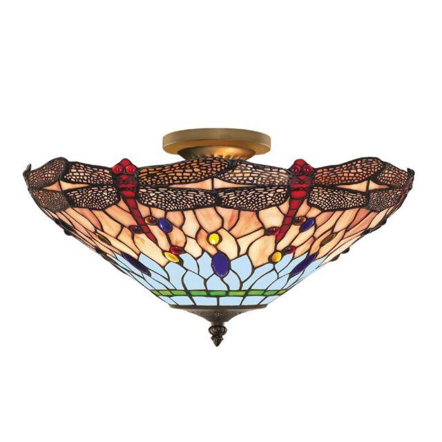 Searchlight 1289-16 Dragonfly Tiffany Ceiling Uplighter In Antique Brass