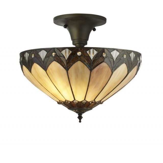 Searchlight 6701-40 Pearl Semi Flush Ceiling Light In Antique Brass With Tiffany Glass