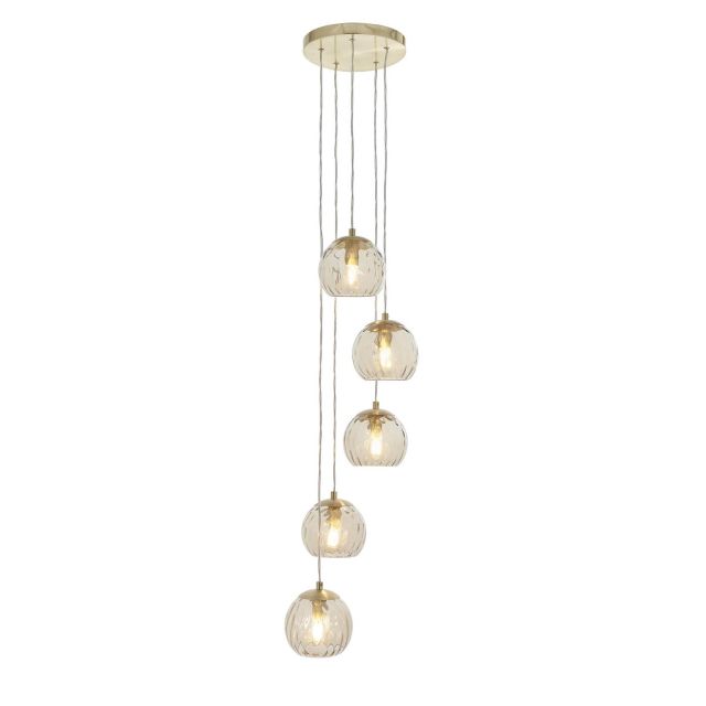 Dimple 5 Light Cluster Ceiling Pendant Light In Brushed Gold With Champagne Glass 91972 