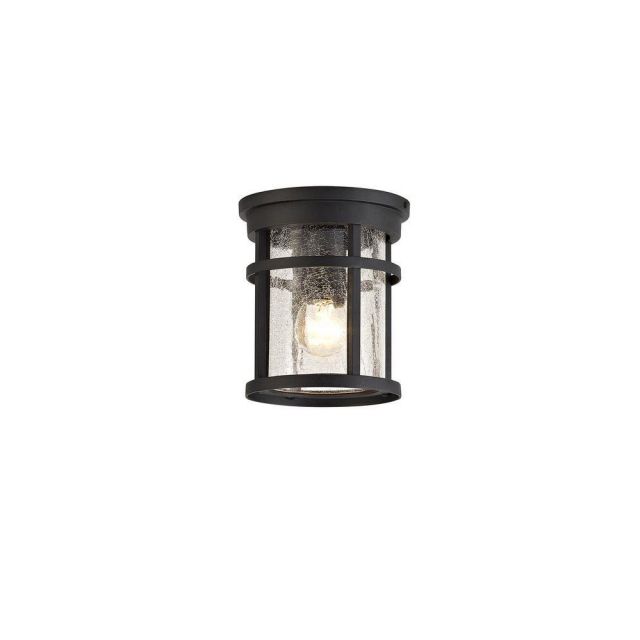 Horton 1 Light Exterior Flush Ceiling Light In Black With Crackled Clear Glass