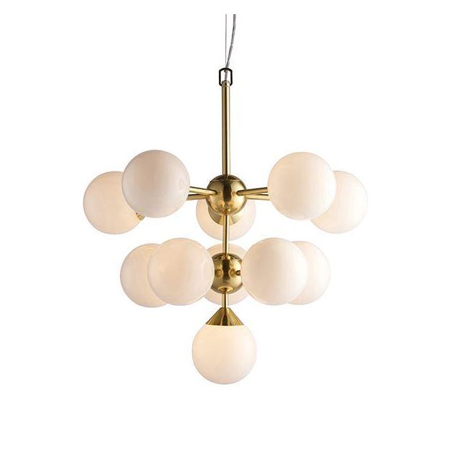 11 Light Ceiling Pendant Light In Brushed Brass Plate With Gloss White Glass Shades