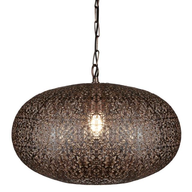 Searchlight 2672CU Fretwork One Light Ceiling Pendant Light In Copper With Patterned Finish