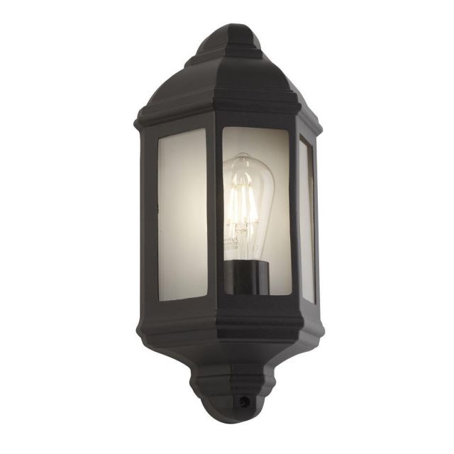 Traditional IP44 Outdoor Half Wall Light in Black with Clear Glass Panels