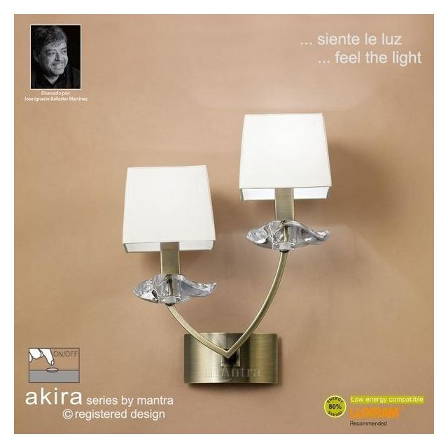 M0787AB/S Akira Antique Brass 2Lt Wall Lamp With Cream Shades