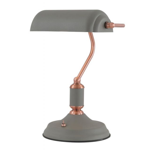 Ryde 1 Light Bankers Table Lamp In Sand Grey, Copper And White