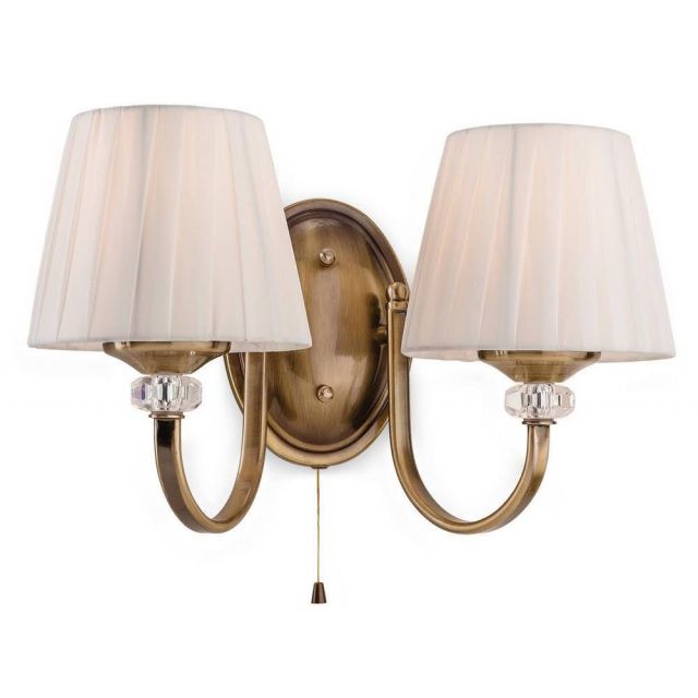 Firstlight 4862AB Langham Two Light Wall Light In Antique Brass With Pleated Cream Shades