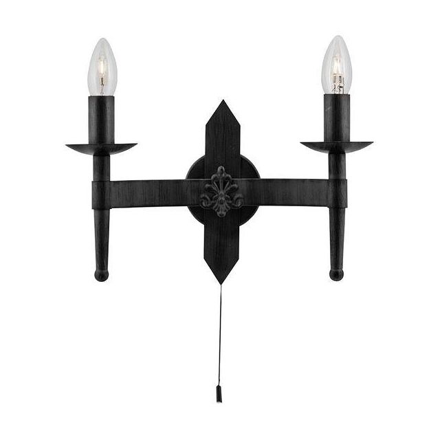 Searchlight 2422-2BK 2 Light Wrought Iron Saxon wall Light with Pull switch