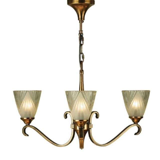 Interiors 1900 63436 Columbia 3 Light Ceiling Pendant Light In Brass With Deco Style Glass Shades