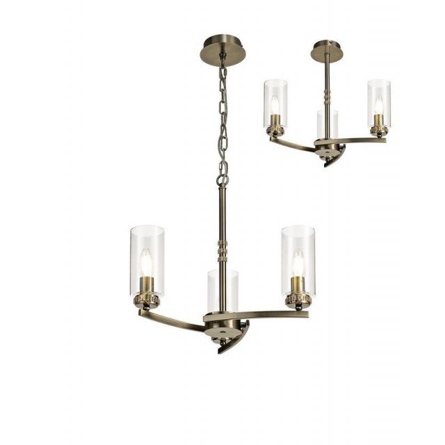 Benz 3 Light Semi Flush Ceiling Light In Antique Brass With Clear Glass