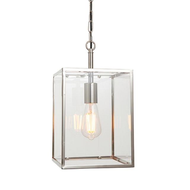 1 Light Rectangular Ceiling Pendant Lantern In Bright Nickel Plate With Clear Glass