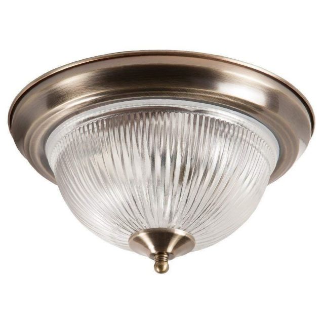 2 Light Antique Brass IP44 Bathroom Flush Ceiling Light with Clear ribbed Glass Shade