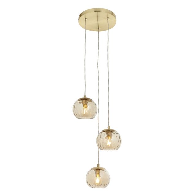 Dimple 3 Light Cluster Ceiling Pendant Light In Brushed Gold With Champagne Glass 91971 