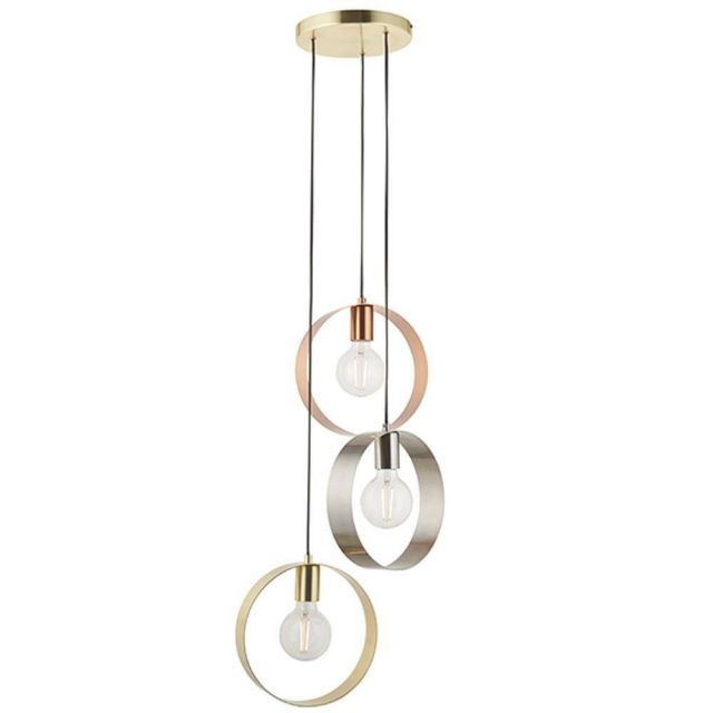 Endon 81922 Hoop 3 Light Ceiling Pendant In Brushed Brass, Nickel And Copper Plate