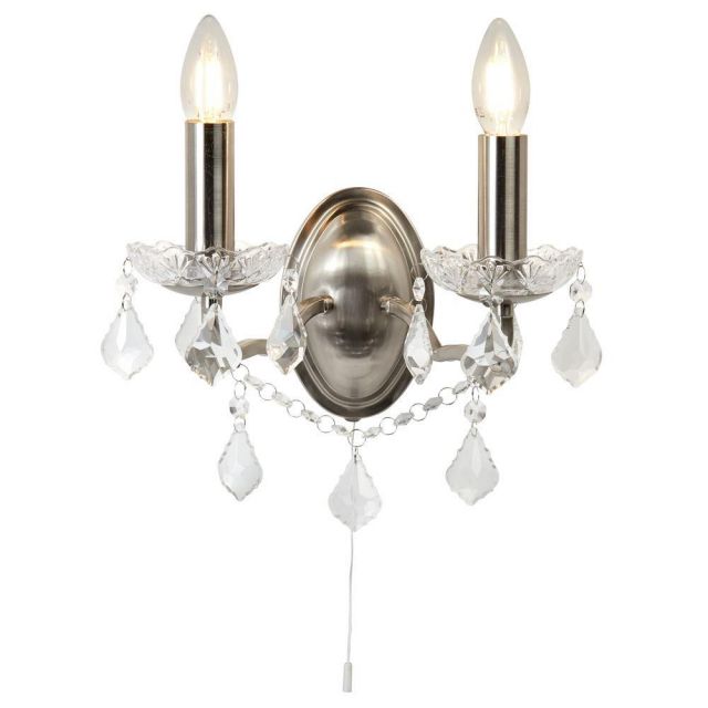Searchlight 8732-2SS Paris Two Light Wall Light In Satin Silver With Crystal Glass