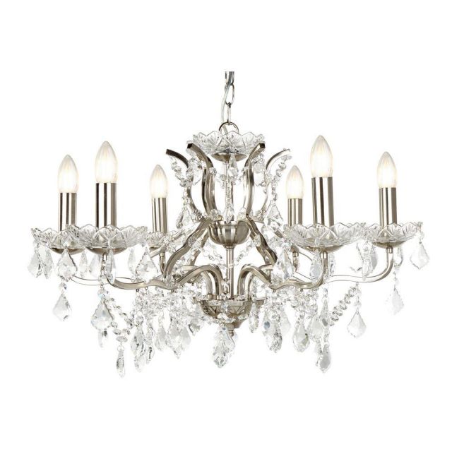 Searchlight 8736-6SS Paris Six Light Ceiling Chandelier In Satin Silver With Crystal Glass