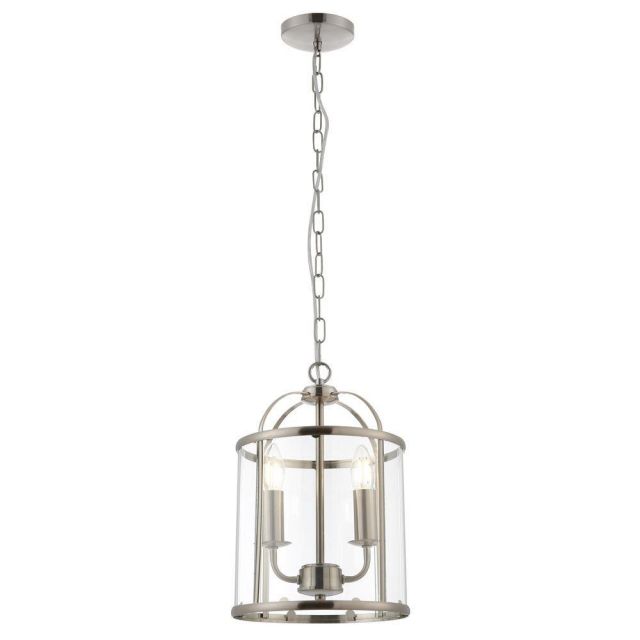 Hanging 2 light Hall Ceiling Lantern in Satin Nickel Finish with Glass Panels