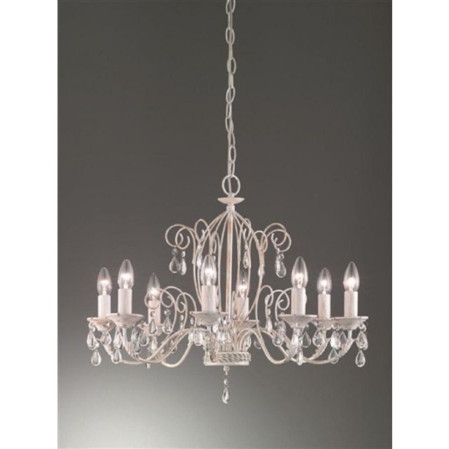 F2355/8 8 Light Ceiling Pendant In White Ironwork With Gold Hightlights And Crystals