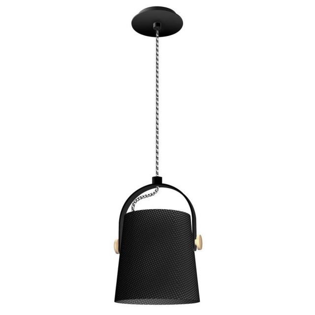 Mantra M4927 Nordica 1 Light Small Pendant Light In Matt Black And Beech Wood - Dia: 200mm