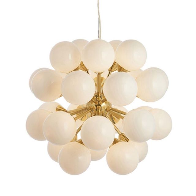 28 Light Ceiling Pendant Light In Brushed Brass Plate With Gloss White Glass Shades
