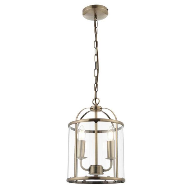 Hanging 2 light Hall Ceiling Lantern in Antique Brass with Glass Panels