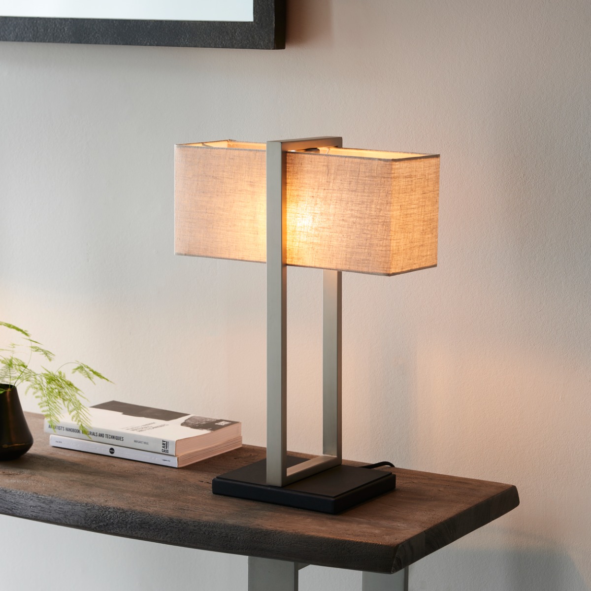 Frame Table Lamp In Satin Nickel Finish With Natural Linen Shade