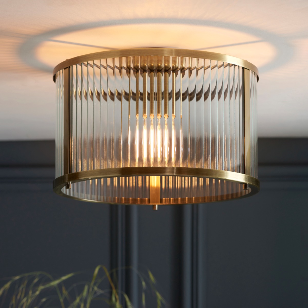 Endon 106265 Ridgeton Flush Ceiling Light In Antique Brass With Ribbed Glass