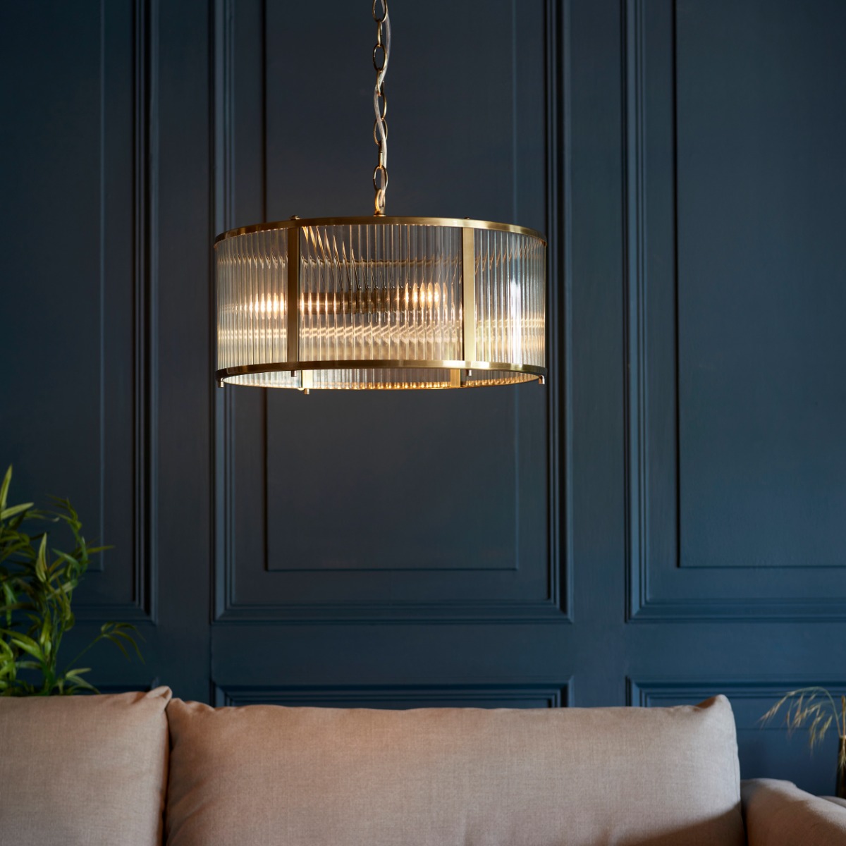 Endon 106282 Ridgeton 3 Light Ceiling Pendant Light In Antique Brass With Ribbed Glass