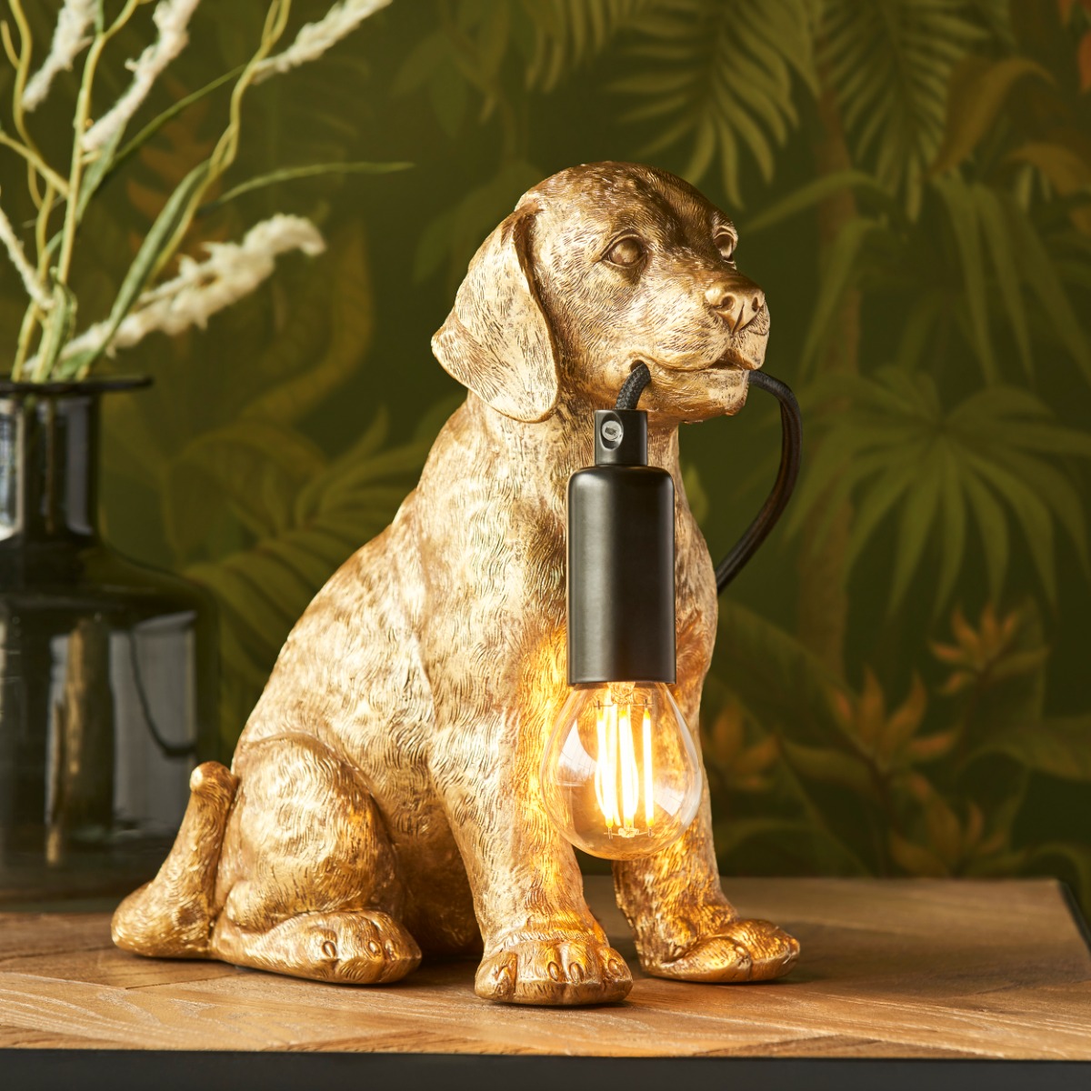 Endon 107364 Labrador Puppy Table Lamp In Vintage Gold And Matt Black Finish