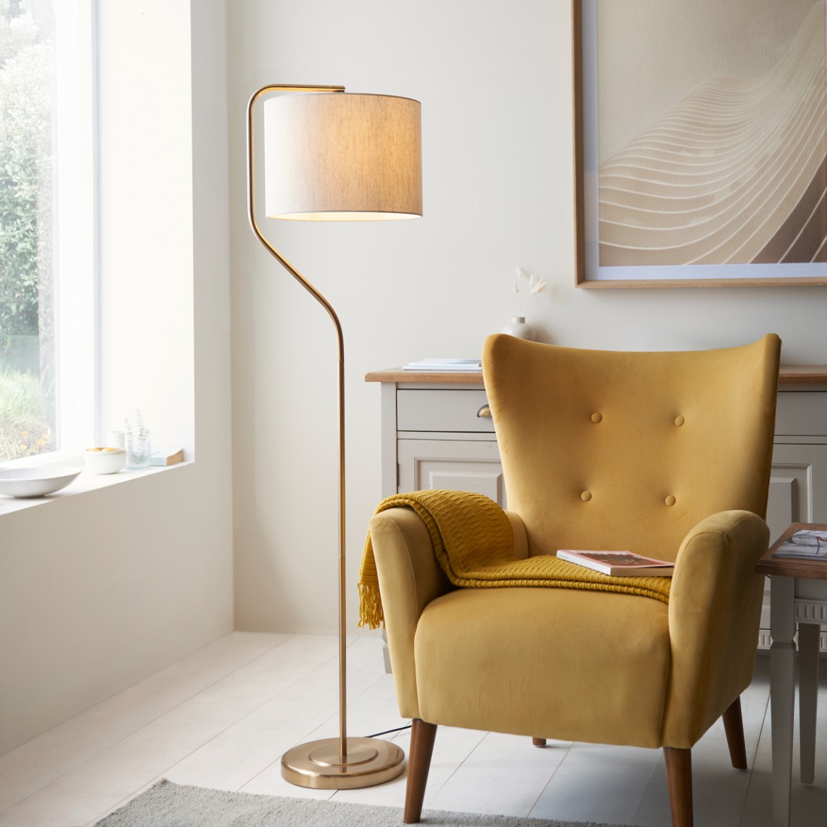 Endon 108022 Clement Floor Lamp In Brass Aged With Natural Linen Mix Shade