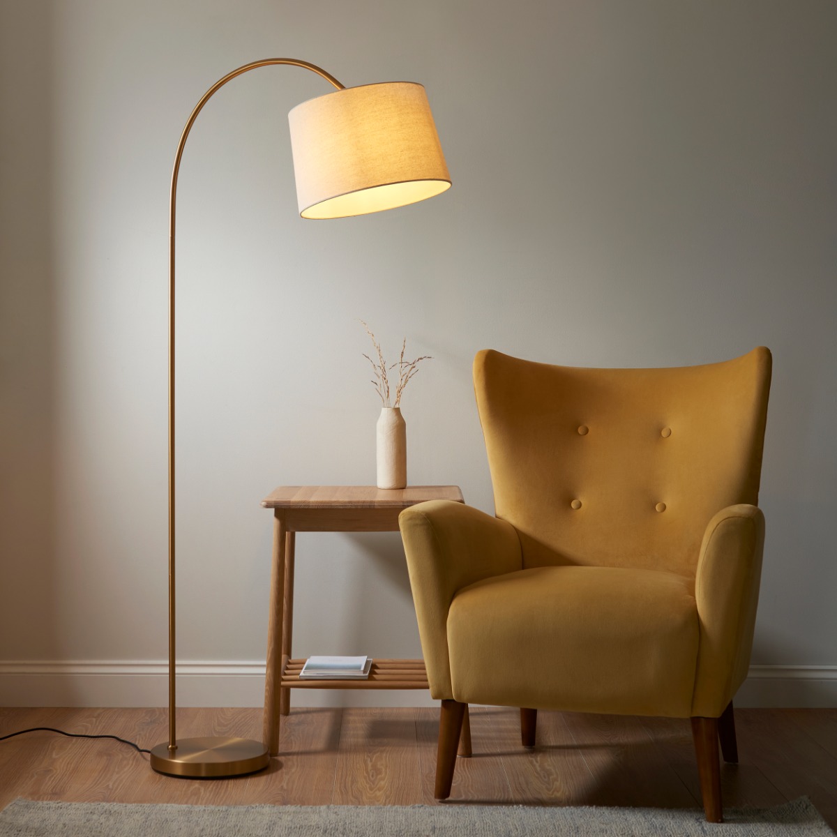 Endon 110645 Carlson Floor Lamp In Warm Brass With Natural Fabric Shade