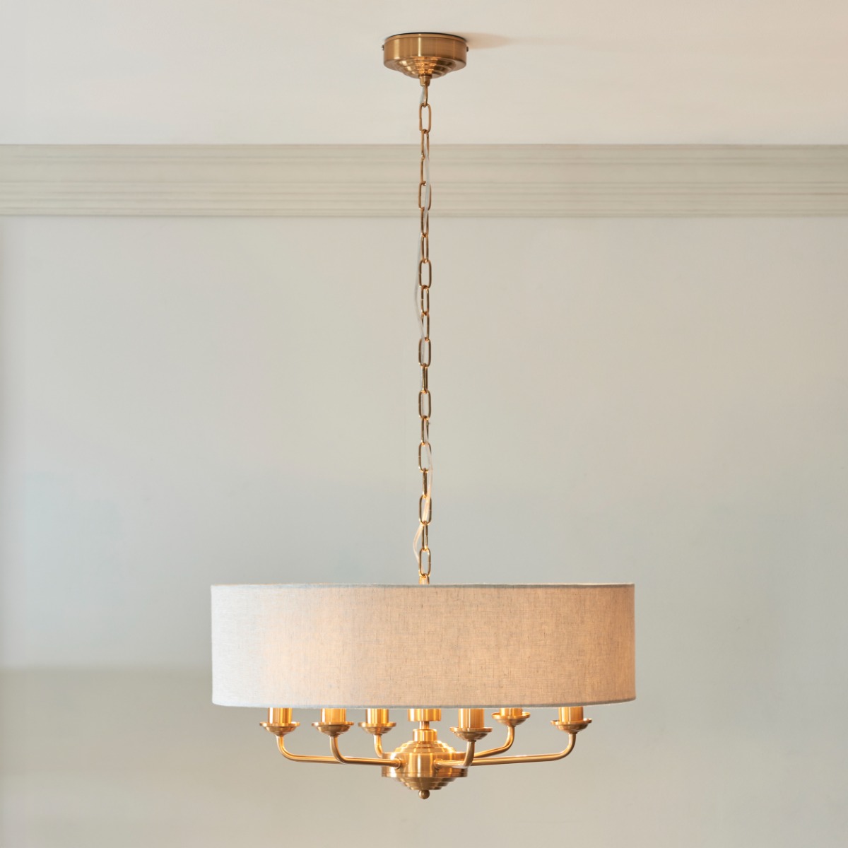 Endon 110727 Highclere 8 Light Ceiling Pendant In Vintage Brass With Natural Linen Shade
